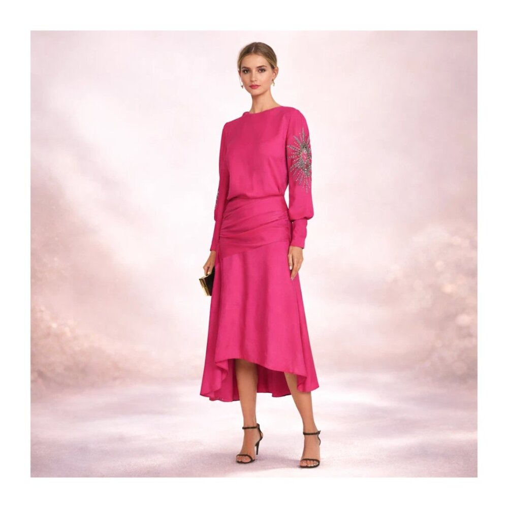 Dodo Bar Or Pas Pour Toi Pink Maxi Dress US 10 Crystal Beaded Long Sleeve